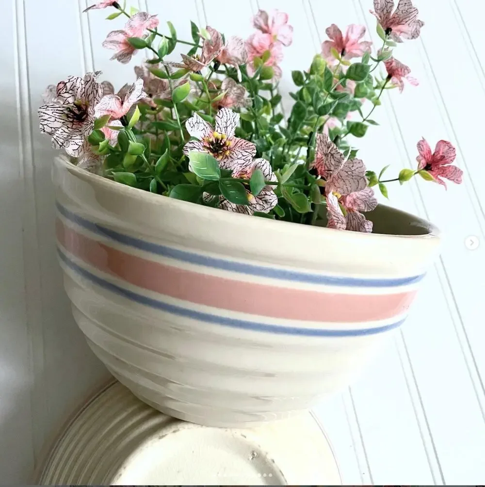Vintage McCoy Pink Blue Stripe Beehive Nesting Stoneware Mixing Bowls Crazed PR